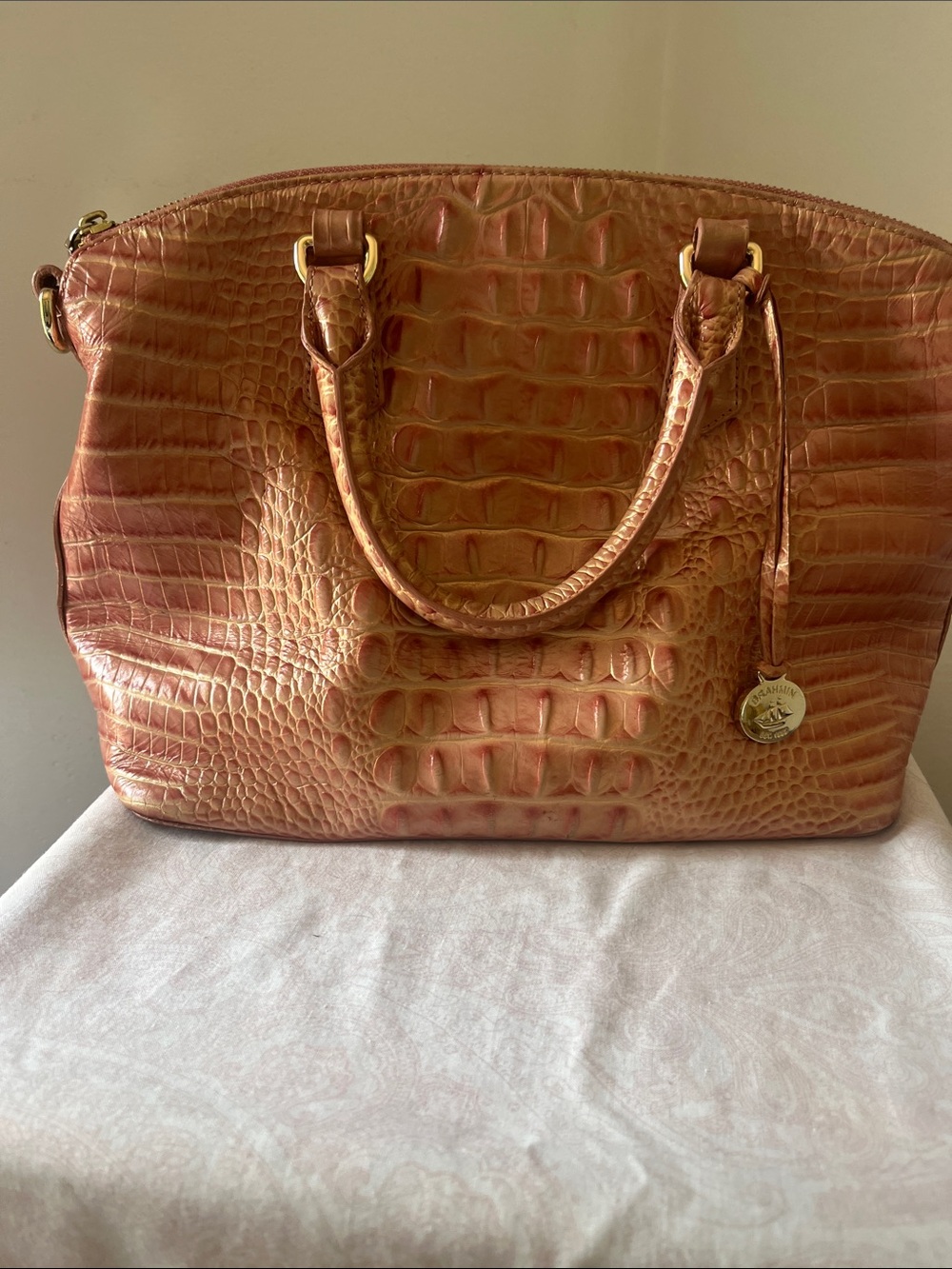 Like new Brahmin Croc-Embossed handbag  in pearly shrimp/ peach shade.